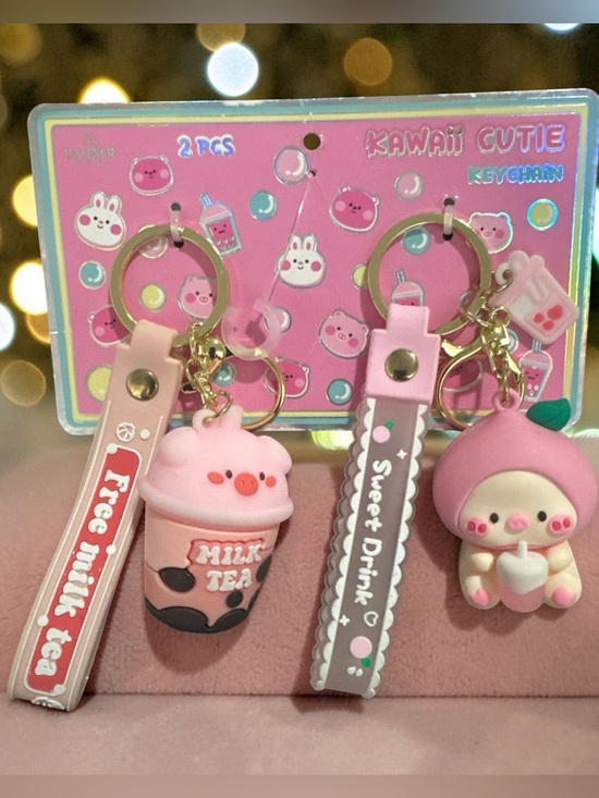 kawaii cutie Accessories - Kawaii Pink Milk Tea & Peach Charm Keychain Set